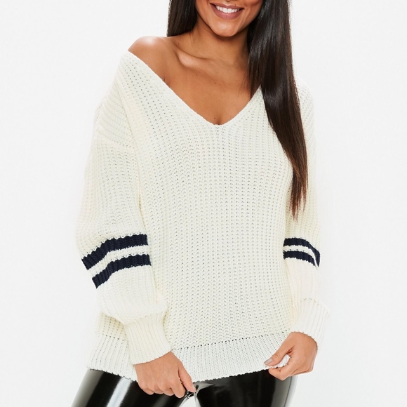 Missguided Sweaters - Missguided Cream V Neck Varsity Tipped Sweater NWT